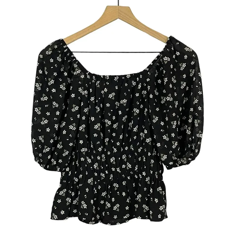 Madewell Zira Shirred Puff Sleeve Blouse - Ditsy Floral True Black - XS